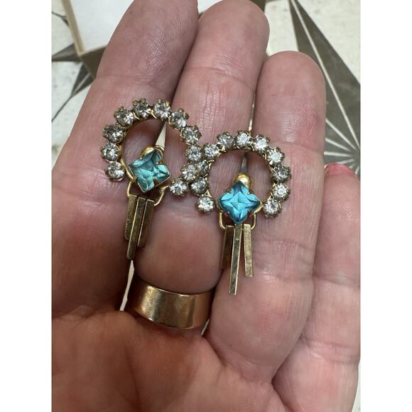 1960s M&S Rhinestone Jewelry Set Brooch Pendant Bracelet Earrings Gold Aqua - Picture 7 of 13